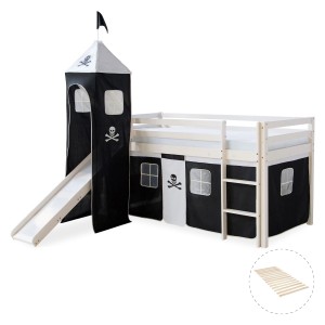 Weißes Homestyle4u Hochbett mit Rutsche, Turm und Piraten-Vorhang (90x200 cm).