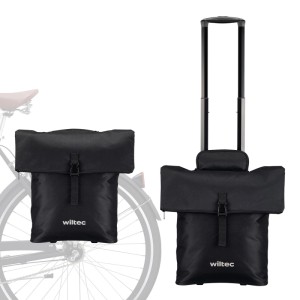 Schwarze Wiltec Fahrrad-Trolley Gepäckträgertasche 28L mit Rollverschluss, als Fahrradtasche und Trolley nutzbar.