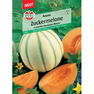 Samenpackung Sperli Zuckermelone Anasta F1-Hybride mit Abbildung von Melone und Melonenstücken.