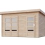 Karibu Holz-Gartenhaus Skanderborg, unbehandelt, mit Flachdach und Doppeltür.