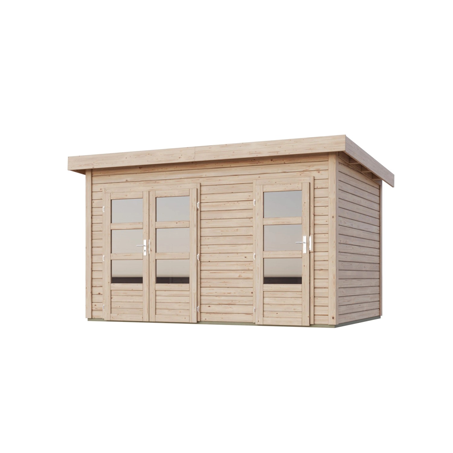 Karibu Holz-Gartenhaus Skanderborg, unbehandelt, mit Flachdach und Doppeltür.