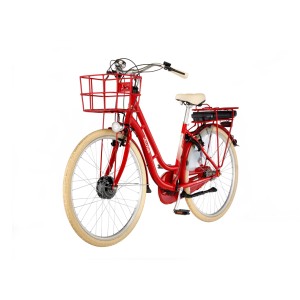 Rotes Fischer Hollandrad E-Bike Cita Retro mit Korb vorne und Gepäckträger hinten.