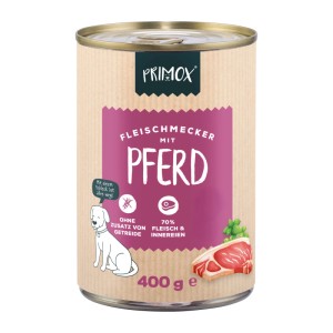 Primox Hunde-Nassfutter Fleischmecker mit Pferd, 400g Dose. Getreidefrei, 70% Fleischanteil.