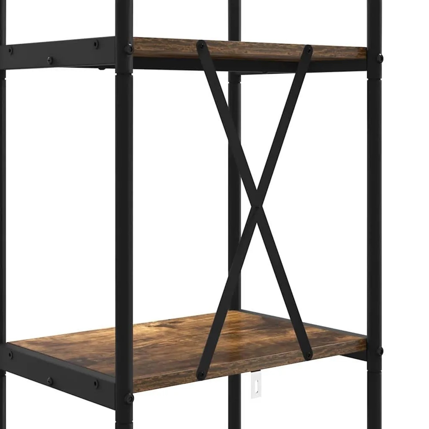 Detailansicht: Bücherregal in geräucherter Eiche mit schwarzem Metallgestell.
