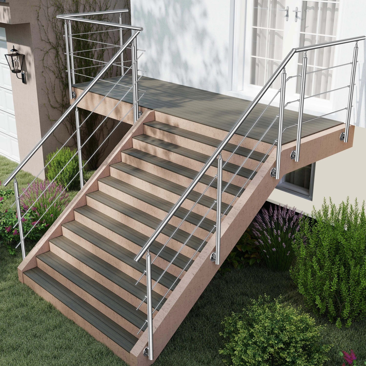 AICA 304 Edelstahl Treppengeländer Set Seitenmontage 200 cm Länge 3 Querstreben_4