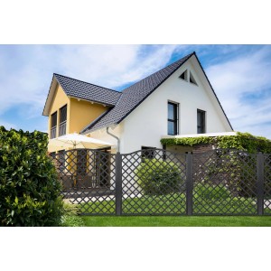 Anthrazitfarbener Sichtschutzzaun Nancy aus Holz vor einem Haus mit Garten.