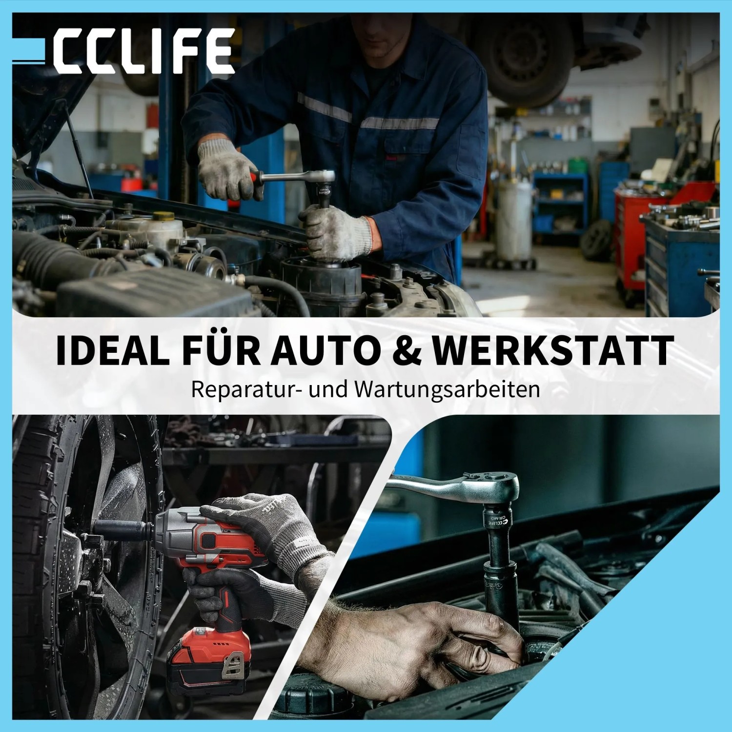 Mechaniker nutzt CCLIFE Schlagschrauber Nüsse Set 64-tlg. für Autoreparatur & Radwechsel in Werkstatt.