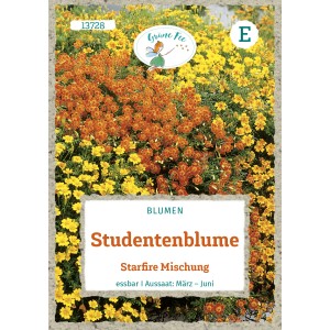 Saatgutpackung Studentenblume Starfire Mischung mit gelben und orangen Blüten.