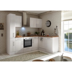 Respekta Winkelküche im Landhausstil, 250 cm, Lärche Weiß Nachbildung mit E-Geräten.