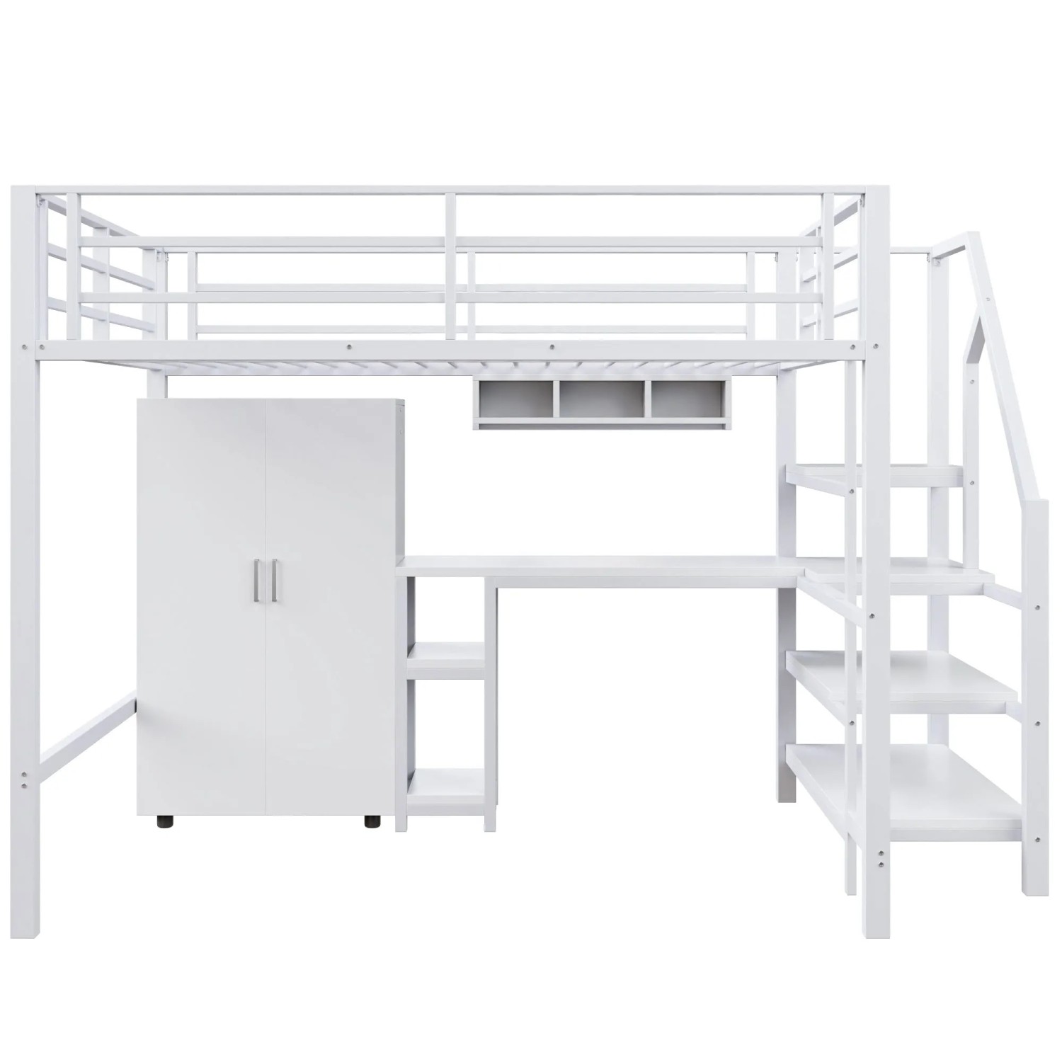 Merax Metall Hochbett 140x200 cm Mit Kleiderschrank Regalen Schreibtisch Weiß