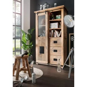 Vitrine Florenz im Vintage-Look aus Mango-Holz mit Schiebetür, Schubladen und Regalfächern. Ca. 100x45x175 cm.