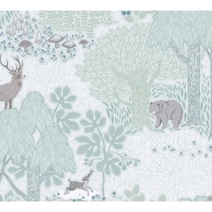 A.S. Creation Vliestapete Waldtiere in Braun und Grün mit Bäumen, Bären und Rehen.