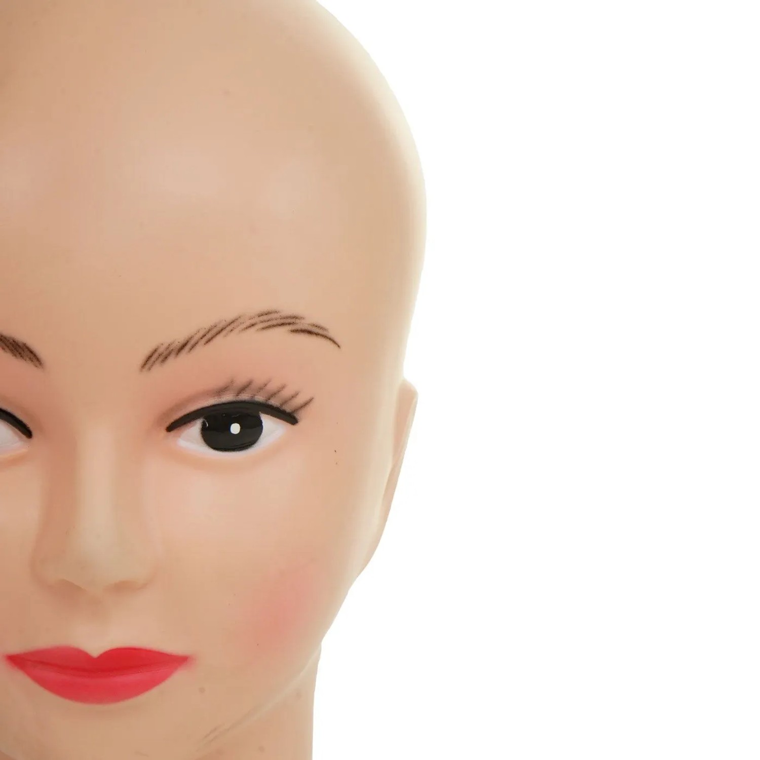 Weiblicher Mannequin-Kopf, haarlos, mit geschminktem Gesicht. Für Perücken, Schmuck und dekorative Präsentationen.