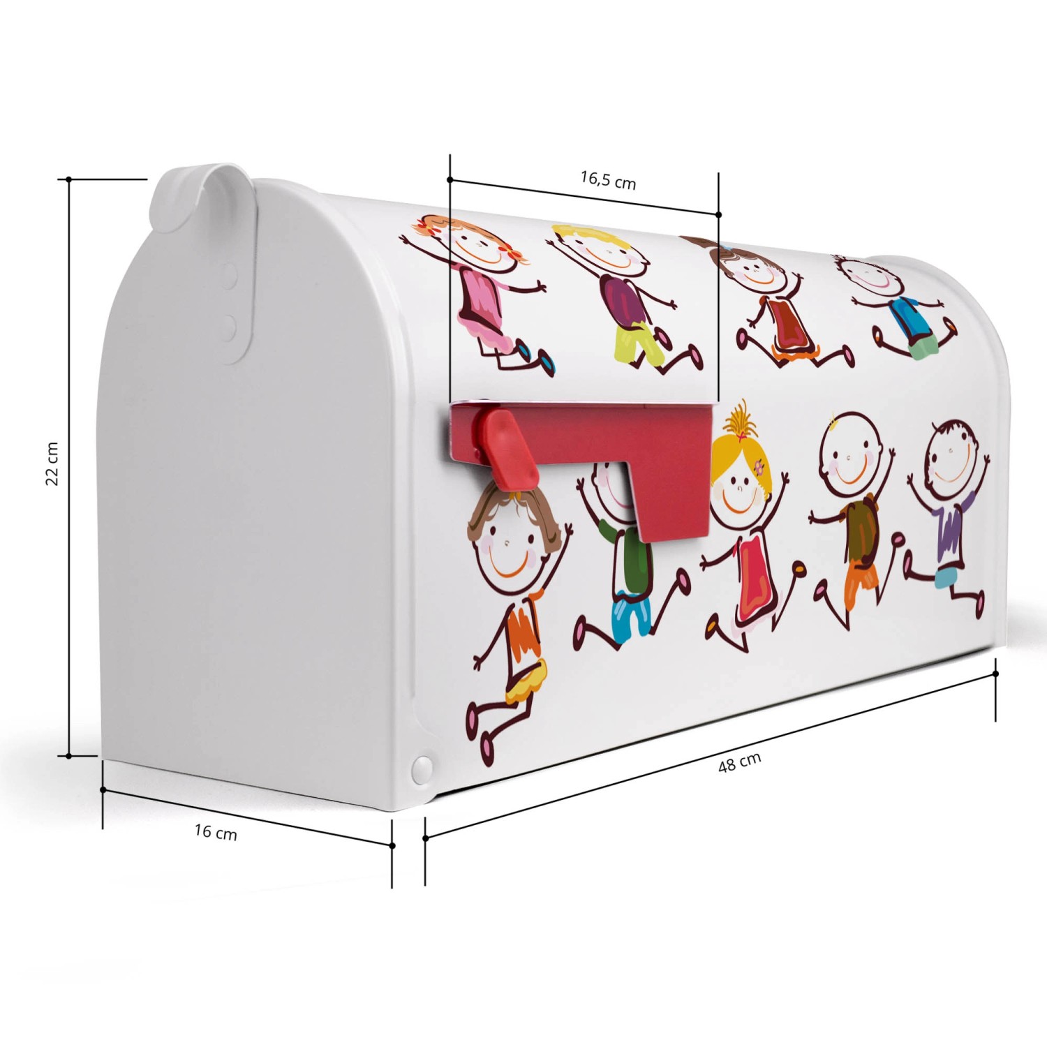 Weißer Banjado US Briefkasten mit Motiv Happy Kids, 48x22x16cm, aus pulverbeschichtetem Stahl.