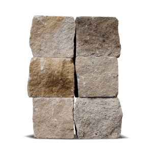 Galamio Sandsteinpflaster, gesägt und gebrochen, in Beige- und Gelbtönen.