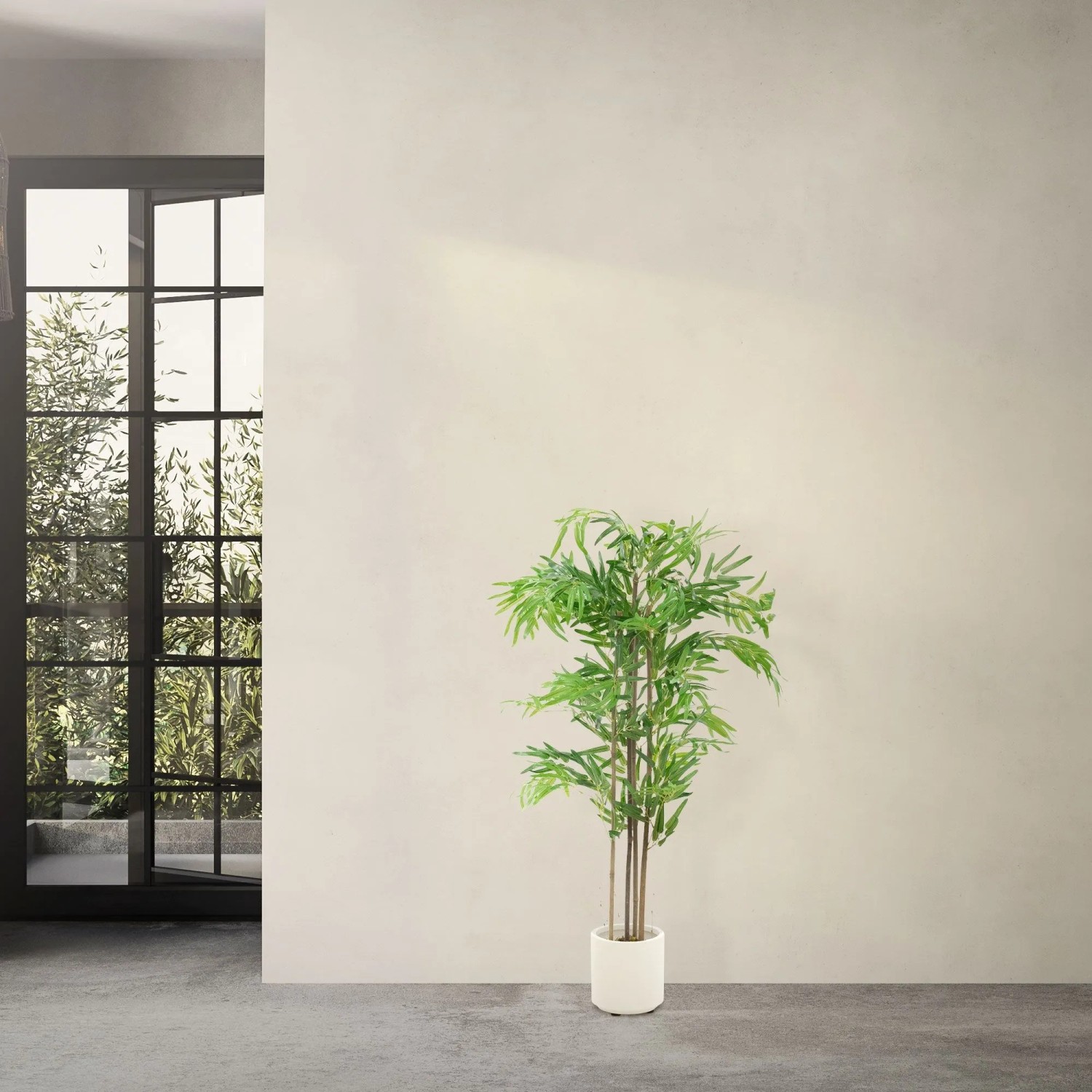 ML-Design künstlicher Bambus, 120 cm, mit Echtholzstamm im weißen Topf. Dekorative Kunstpflanze für Innen und Außen.