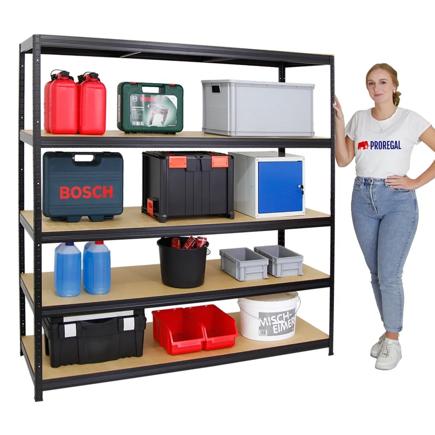 Schwarzes PROREGAL Schwerlastregal Giant Elephant 180x180x60 cm mit 5 Böden und diversen Boxen.