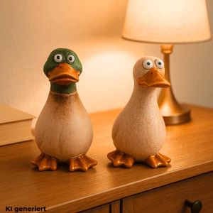 2er Set Deko Entenfiguren aus Steingut, braun. Gartenfiguren für Teich und Garten.