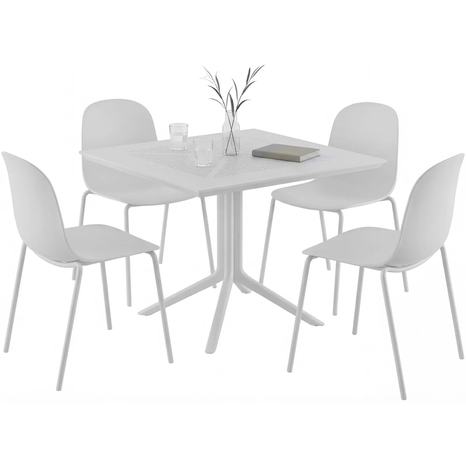 DELUKE Gartenmöbel-Set MARA mit 4 Stühlen 186x182x85cm Metall Weiß Balkonset Gartenset Tisch mit Stühlen Bistroset Outdoor
