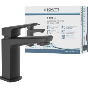 Schwarze, matte Schütte Waschtischarmatur Raven mit Verpackung.