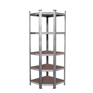 Eck-Schwerlastregal mit 5 Böden, Stahlgestell, ideal für Keller, Lager oder Werkstatt.