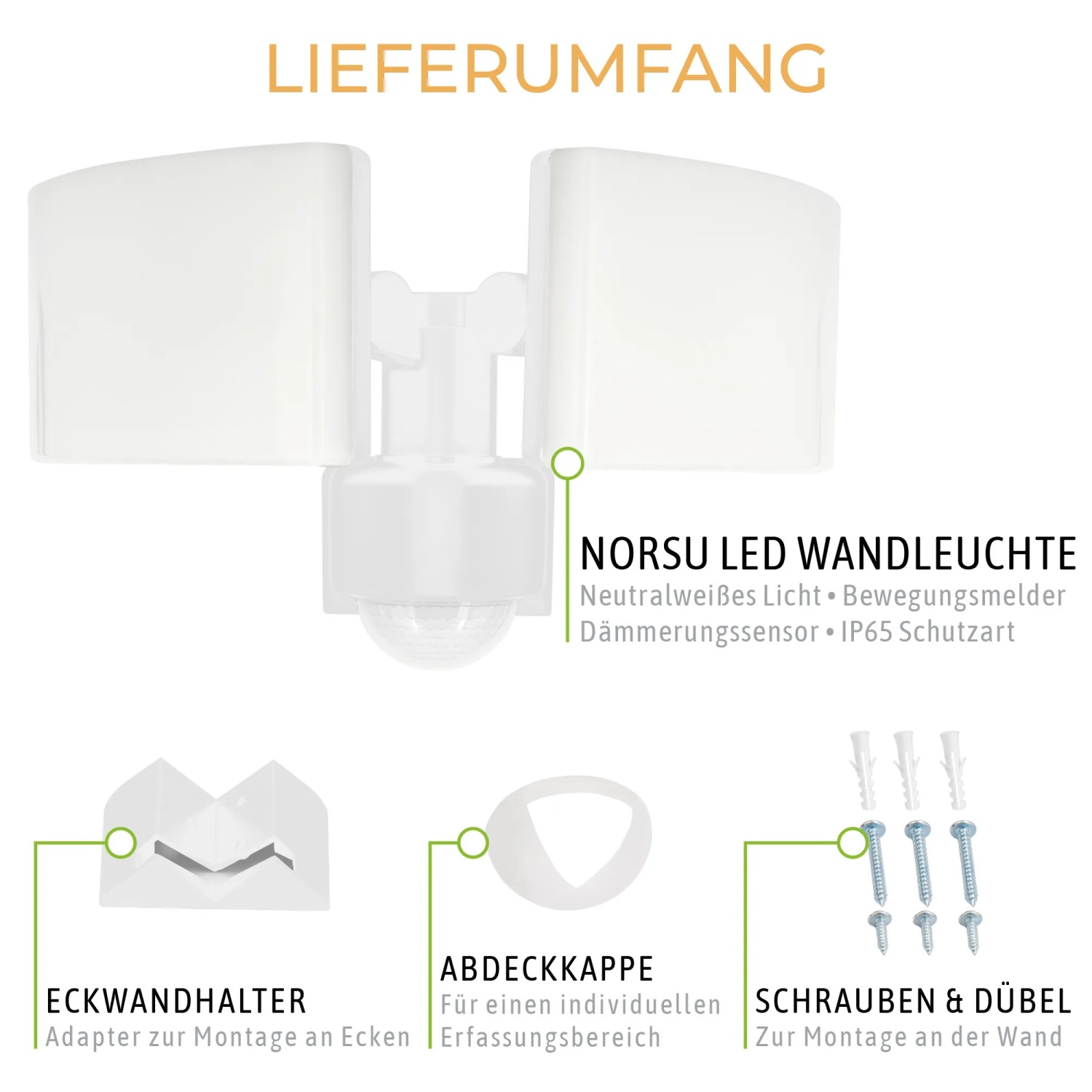 Lieferumfang: NORSU LED Strahler mit Bewegungsmelder, Eckwandhalter, Abdeckkappe, Schrauben und Dübel.