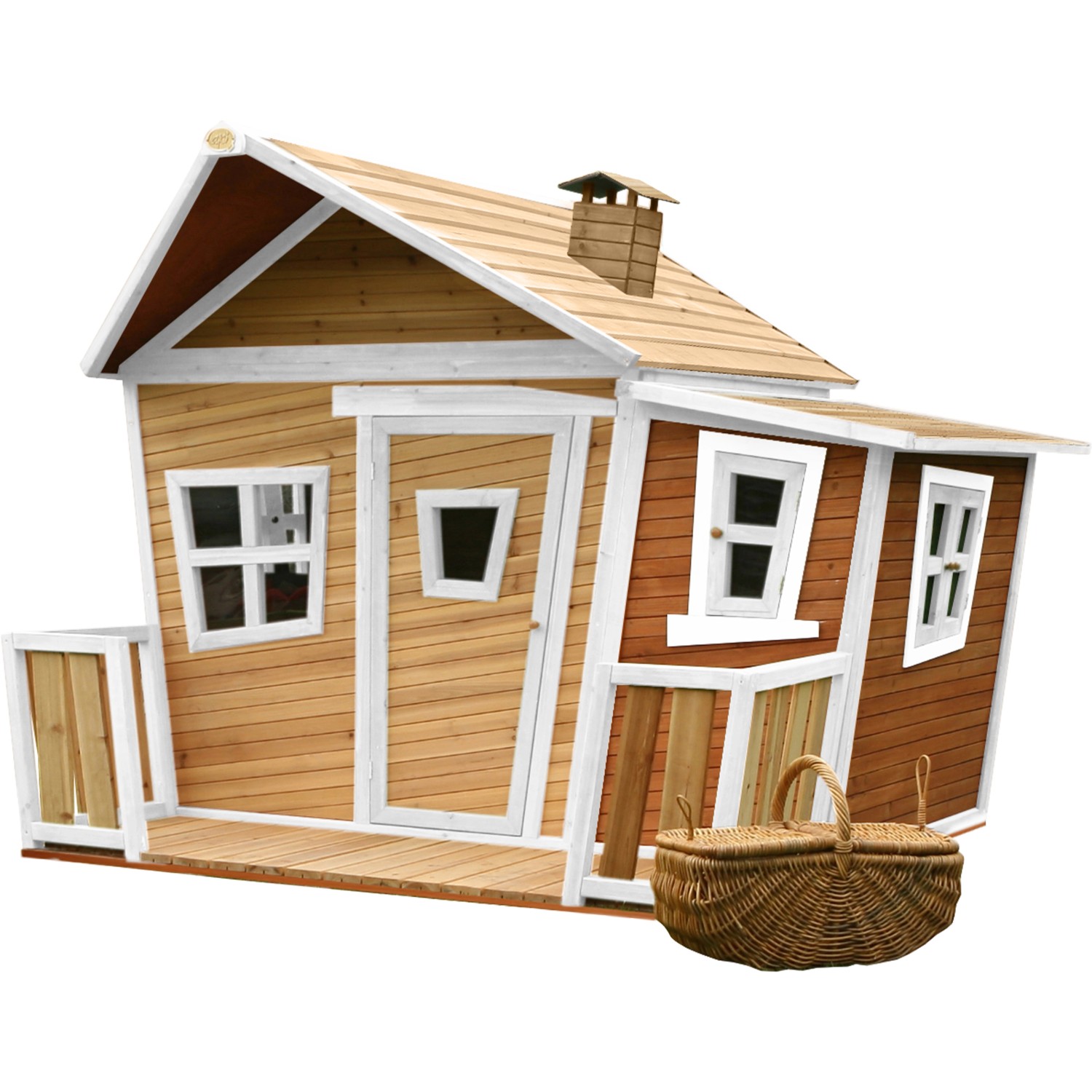 Axi Lisa Spielhaus im Crooked Design, braun-weiß, mit Veranda und Picknickkorb. Ideal für Kinder.