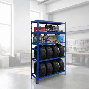 Relaxdays Reifenregal Stahl Blau Höhenverstellbar für 8 Reifen mit 3 MDF-Ablagen 210 cm x 110 cm x 40 cm