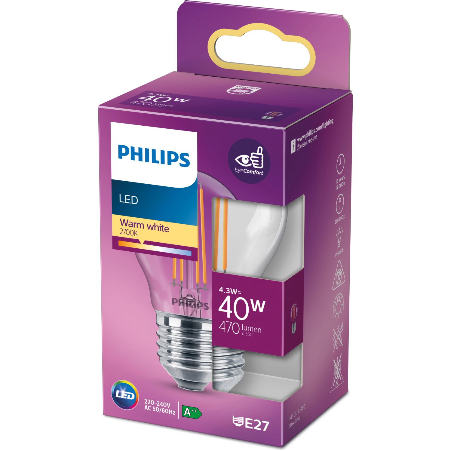 Philips LED-Lampe E27 Tropfenform, 4,3W, warmweiß, in lila Verpackung.