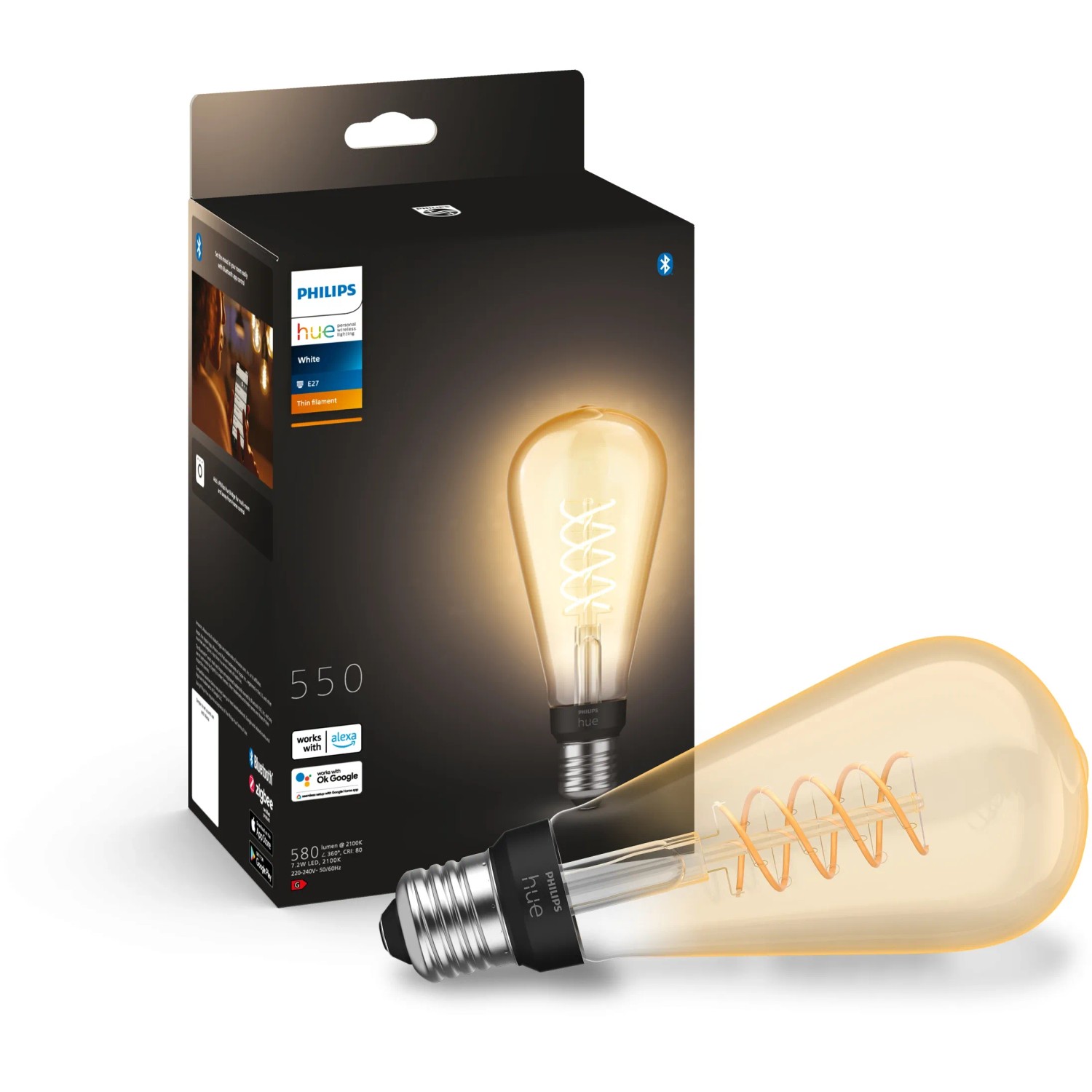 Philips Hue Filament Leuchtmittel E27, warmweißes Licht im Retro-Look, dimmbar.
