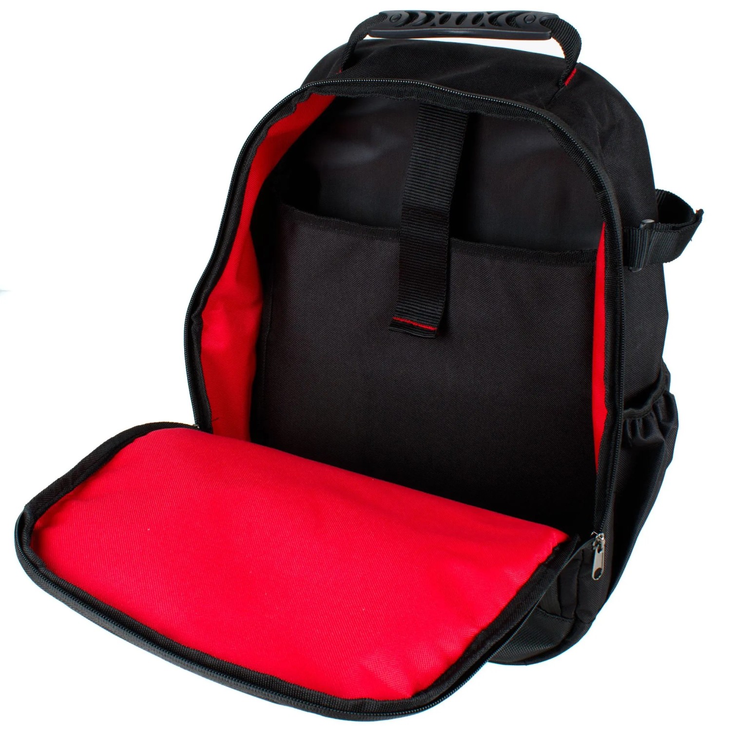 Offener Mephisto Werkzeugrucksack "Fire" in Schwarz-Rot mit gepolsterten Fächern.