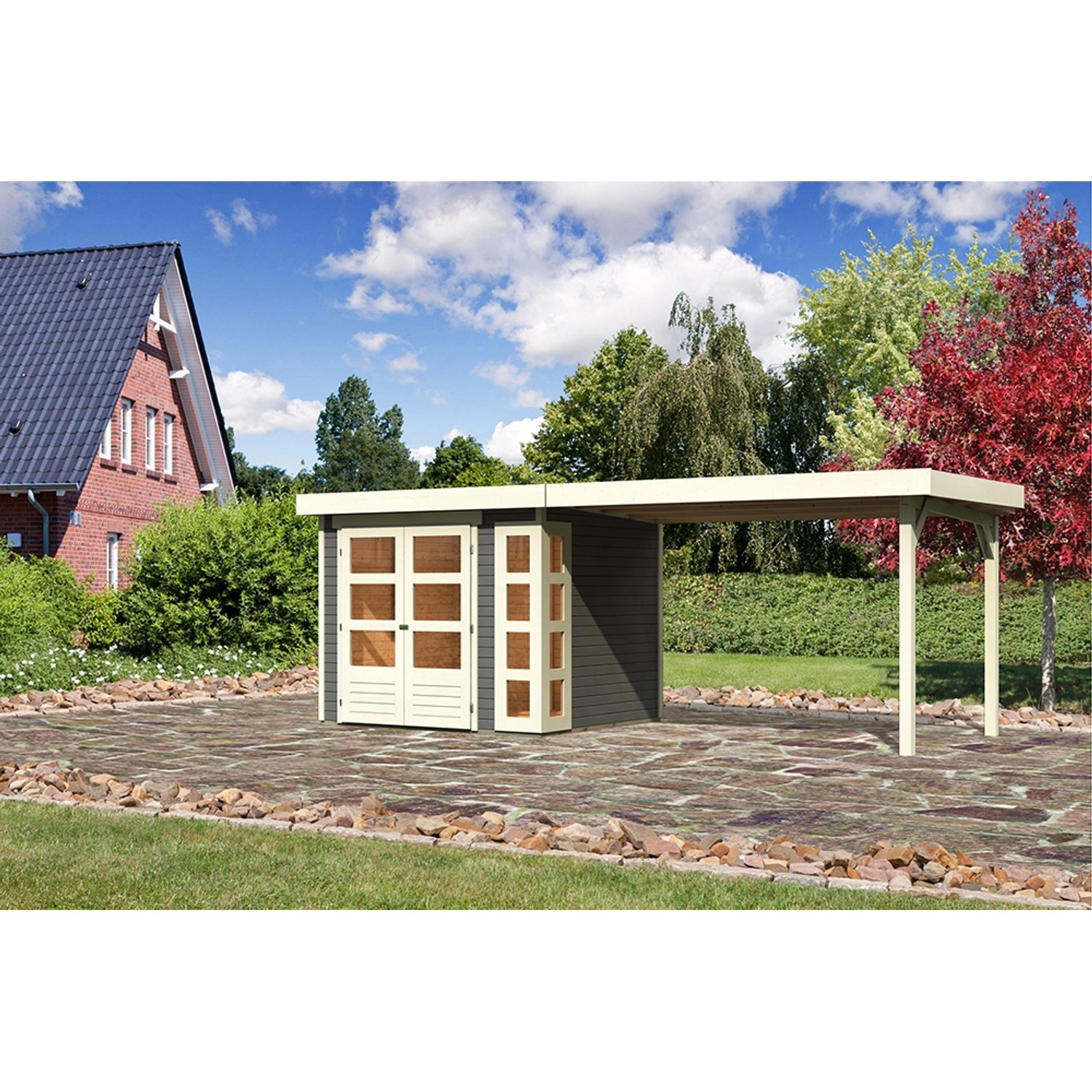 Karibu Holz-Gartenhaus Sölve Terragrau Flachdach Lackiert 238 cm x 213 cm günstig online kaufen