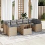 Beige 8-tlg. Garten-Sofagarnitur aus Polyrattan mit Tisch und grauen Kissen.