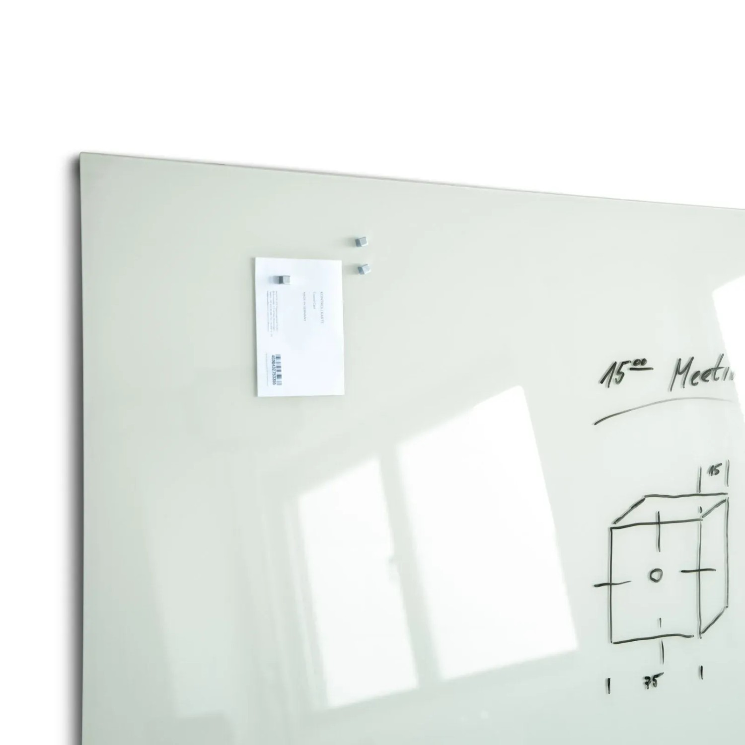 Rahmenloses, weißes Glas Whiteboard 60x90cm mit Notizen und Zeichnung, magnethaftend.