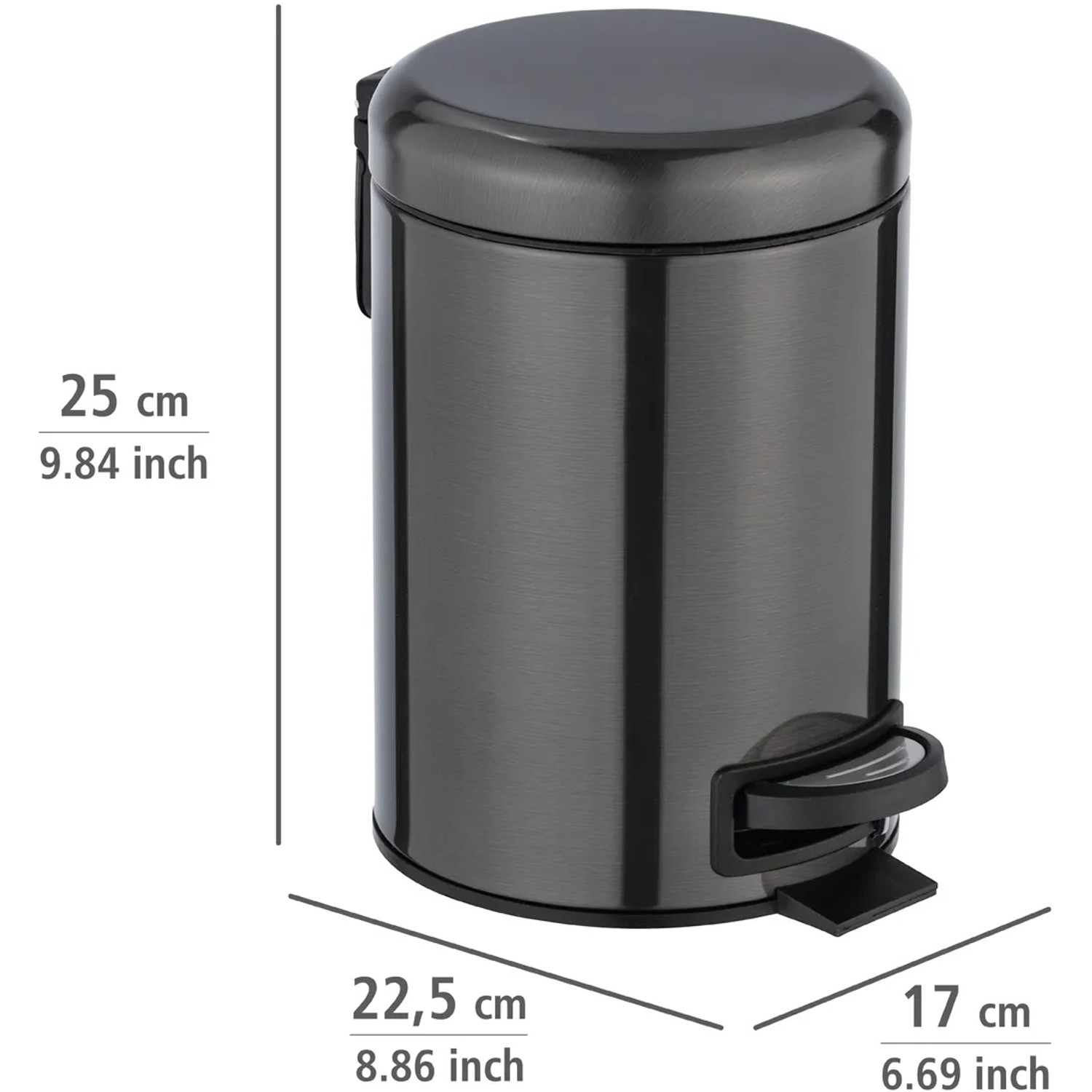 Wenko Kosmetik-Treteimer Leman, 3L, Metallic-Schwarz, Edelstahl, für Bad und WC.