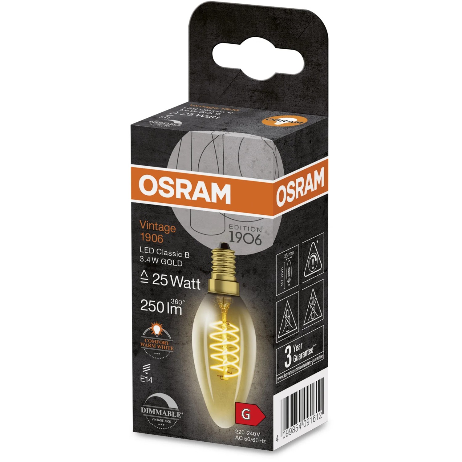 Osram LED-Lampe E14 Kerzenform, 3,4W, 250lm. Vintage Leuchtmittel mit warmweißem Licht im Karton.