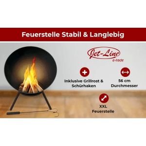 Schwarze Jet-Line Feuerschale Navaro mit Feuer, Schürhaken und Brennholzrost.