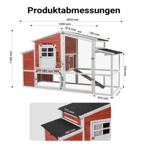 Wiltec Hühnerstall aus Fichtenholz, rot-weiß, mit Freilauf, Nistkasten und detaillierten Abmessungen.