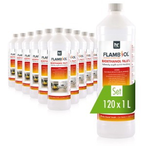 Set: 120 Flaschen Flambiol Bioethanol 96,6% für Tischkamine, je 1 Liter.