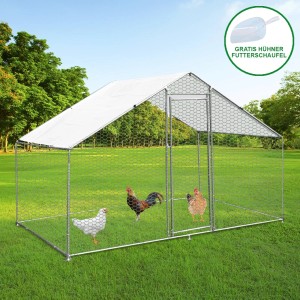 Geräumiger Hühnerfreilauf 4x2x2m mit Dach, Hühnern und gratis Futterschaufel.