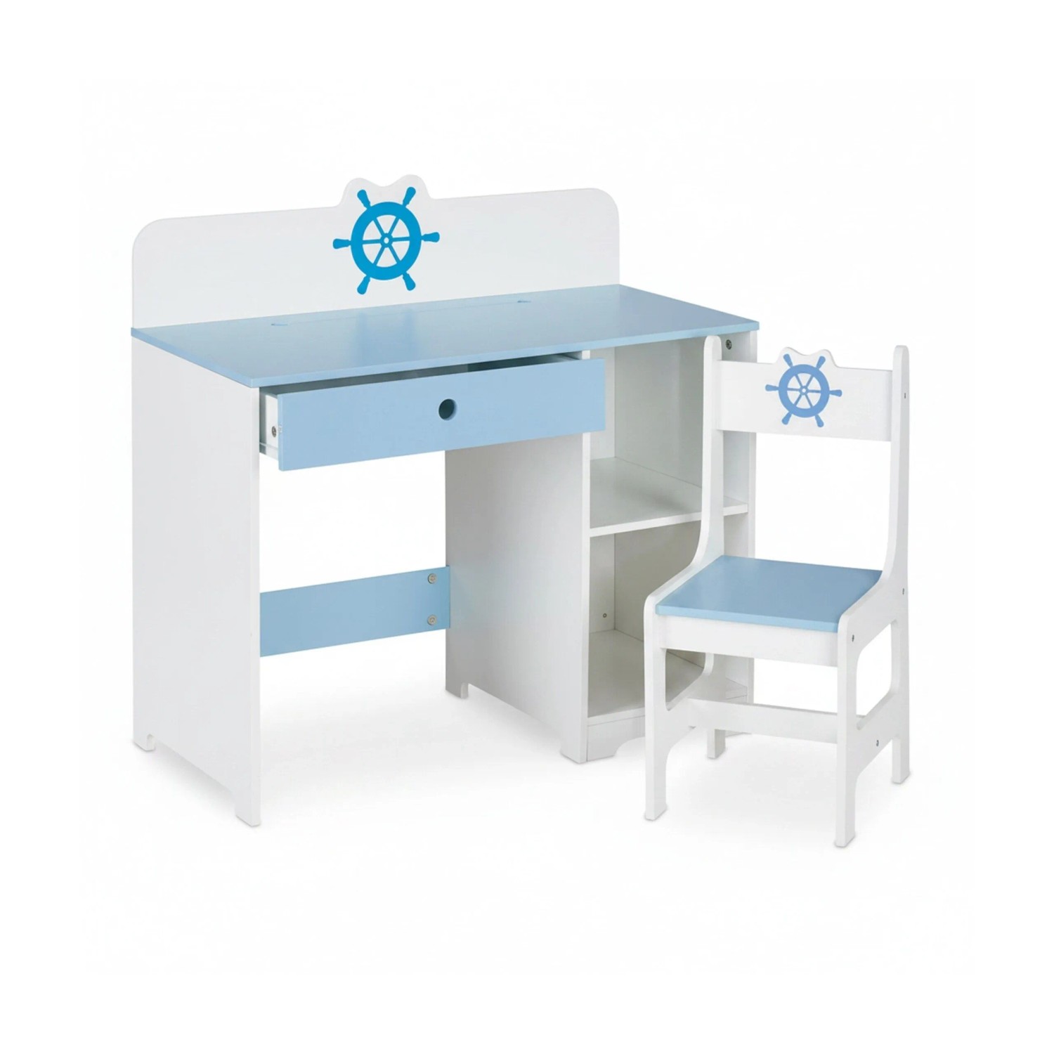 Relaxdays Kinderschreibtisch und Stuhl Seefahrt MDF Weiß Blau Mit Aufbewahrungsfächern 79,5 cm x 80 cm x 40 cm