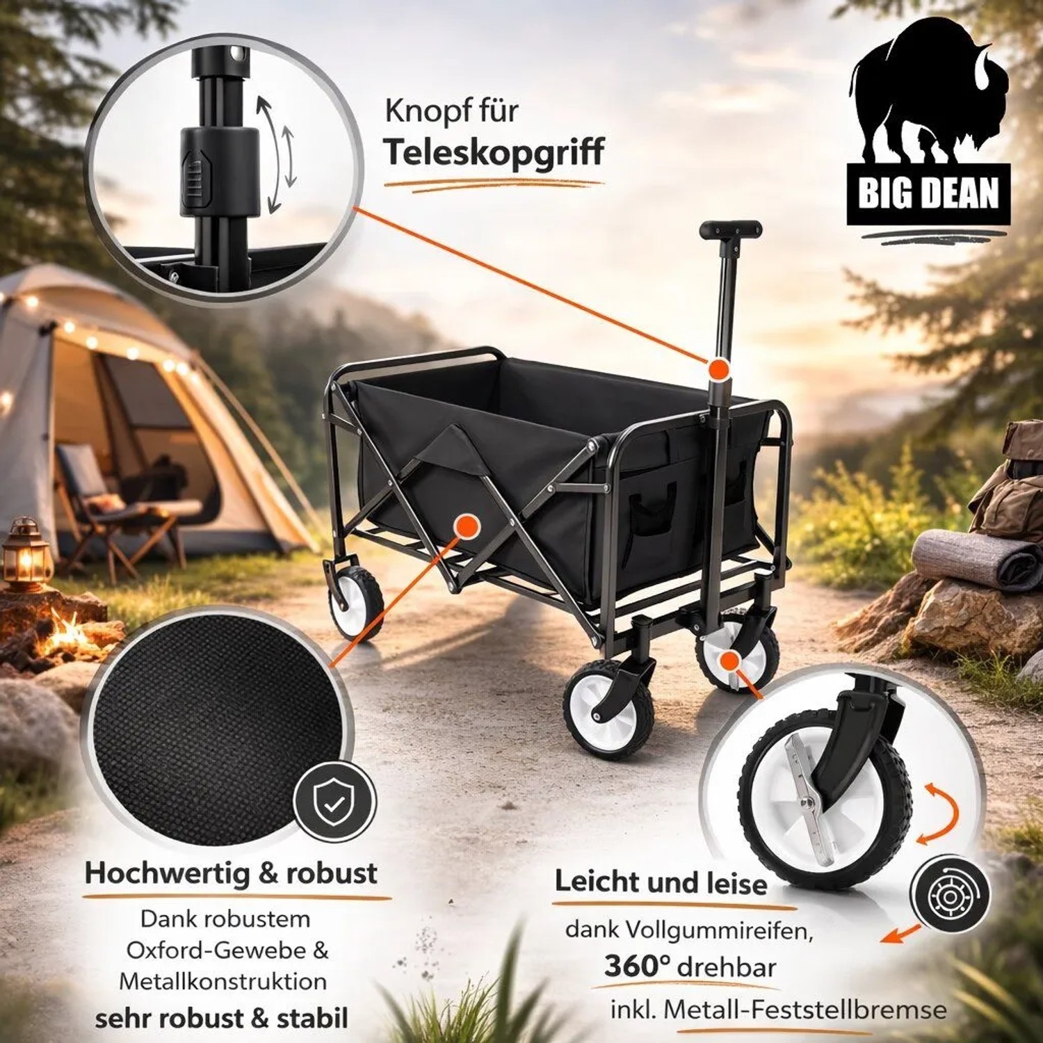 BigDean Bollerwagen Faltbar bis 80kg Schwarz Kompakter Transportwagen Klappbar Handwagen für Camping Einkäufe Garten Festival Ausflüge_6