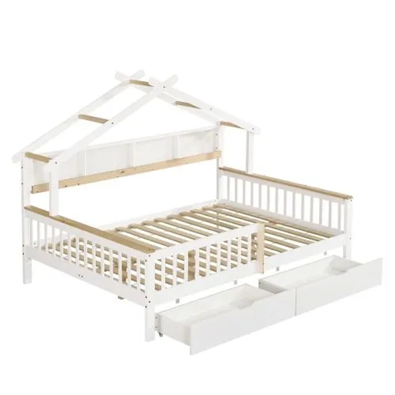 KOMHTOM Kinderbett 140 x 200 Cm  Holzbett Mit Schutzgitter  Ablagefach Und Zwei Schubladen  Flaches Bett  Kiefernholzrahmen  Weiß + Natur