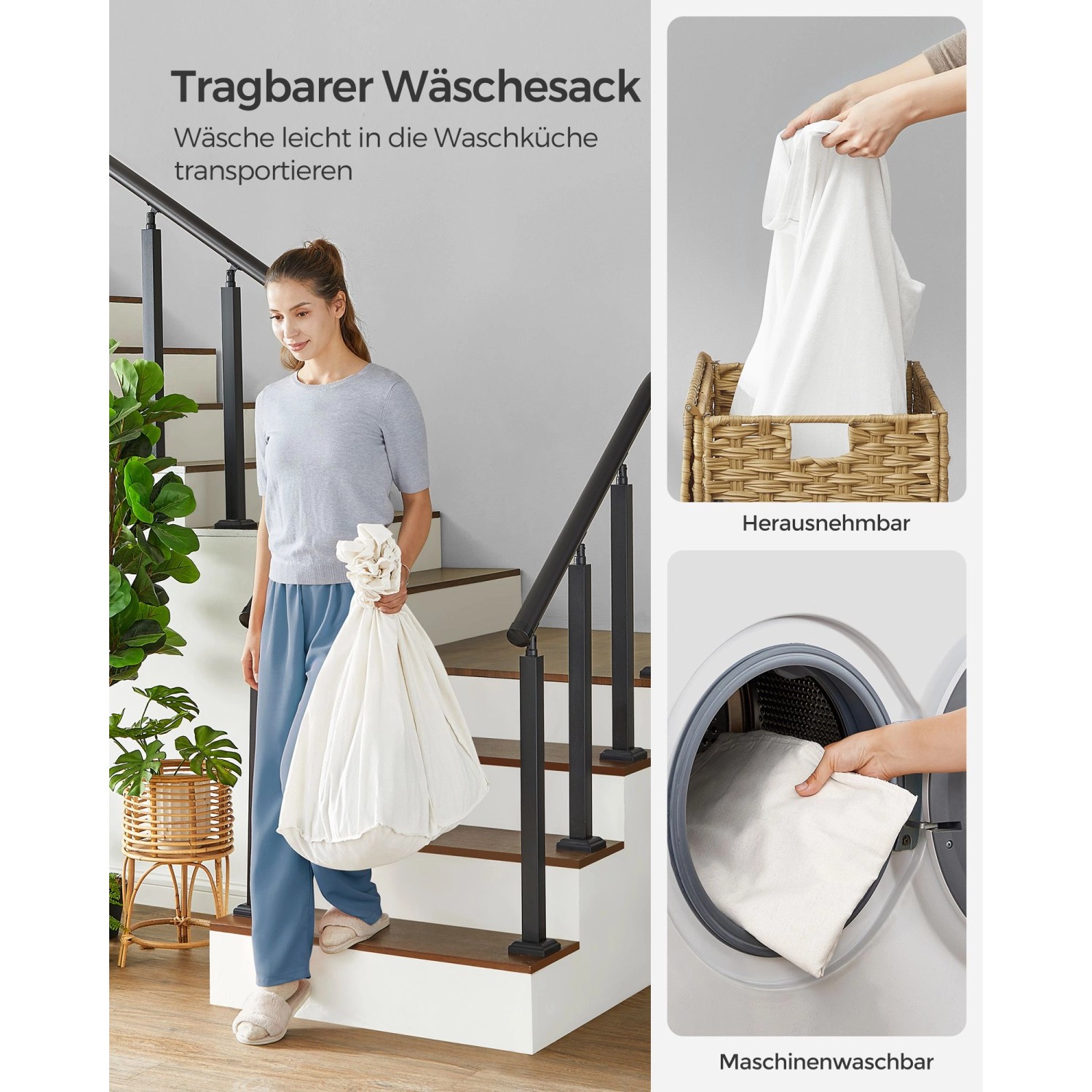 Songmics Wäschekorb Natur: Frau trägt Wäschesack Treppe runter, Korb entnehmbar, Sack waschbar.