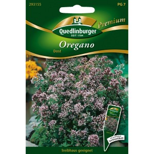 Quedlinburger Oregano Saatgut Packung mit blühendem Oregano.
