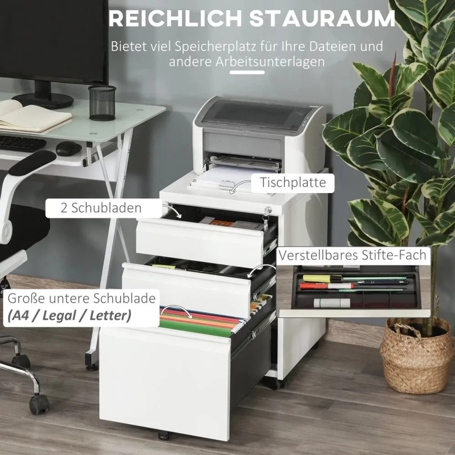 Weißer Vinsetto Rollcontainer aus Stahl mit 3 offenen Schubladen, Stiftefach und Hängeregistratur. Mit Rädern im Büro.