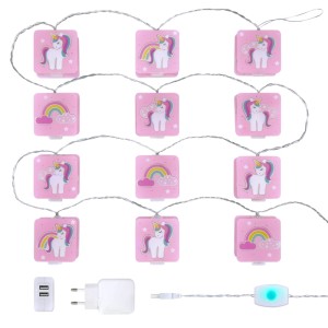 Dalber Lichterkette mit rosa Einhorn- & Regenbogenmotiven, USB-Anschluss und Netzteil. Ideal für Kinderzimmer Beleuchtung.
