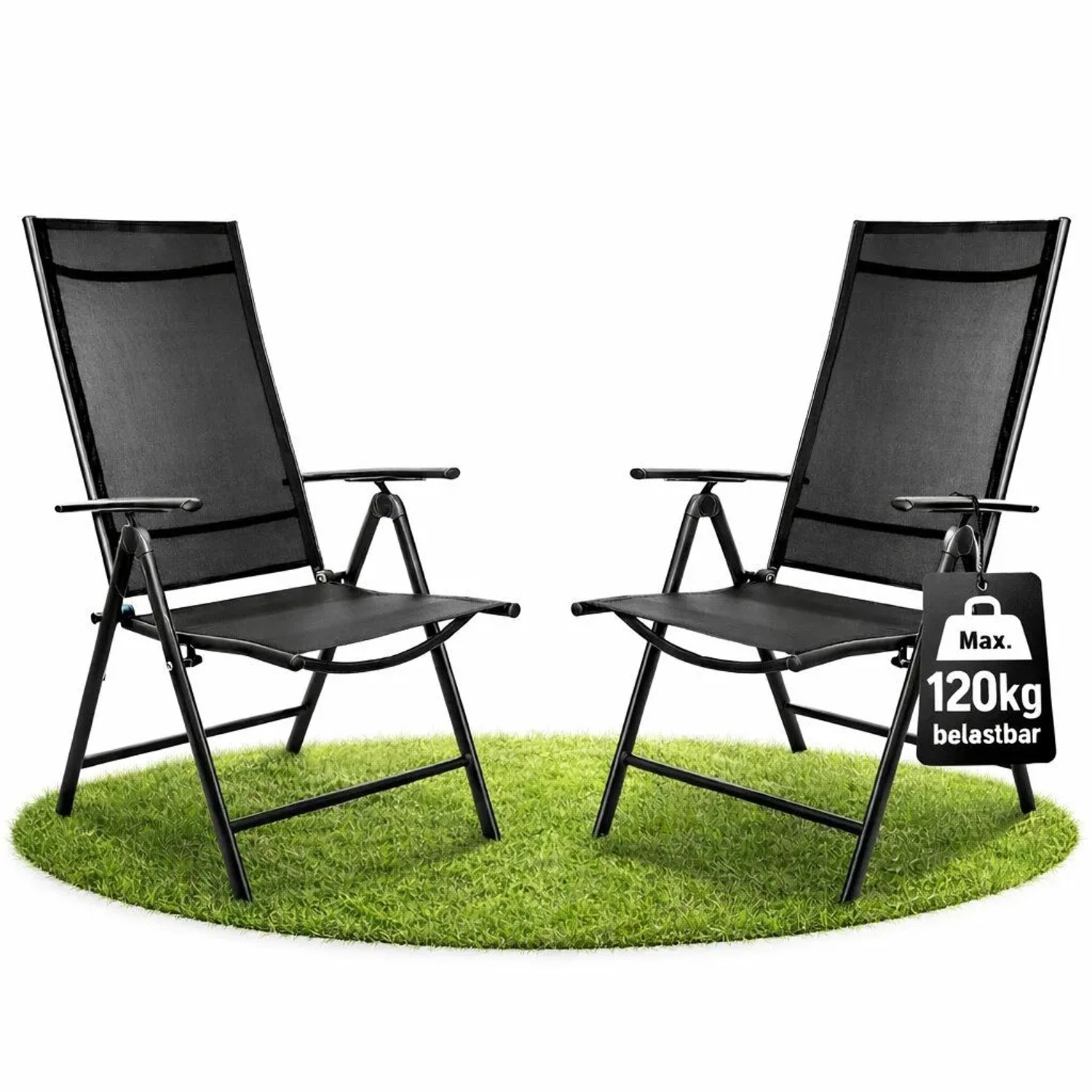 2er Set BigDean Gartenstühle, klappbare Hochlehner, schwarz, bis 120 kg belastbar.
