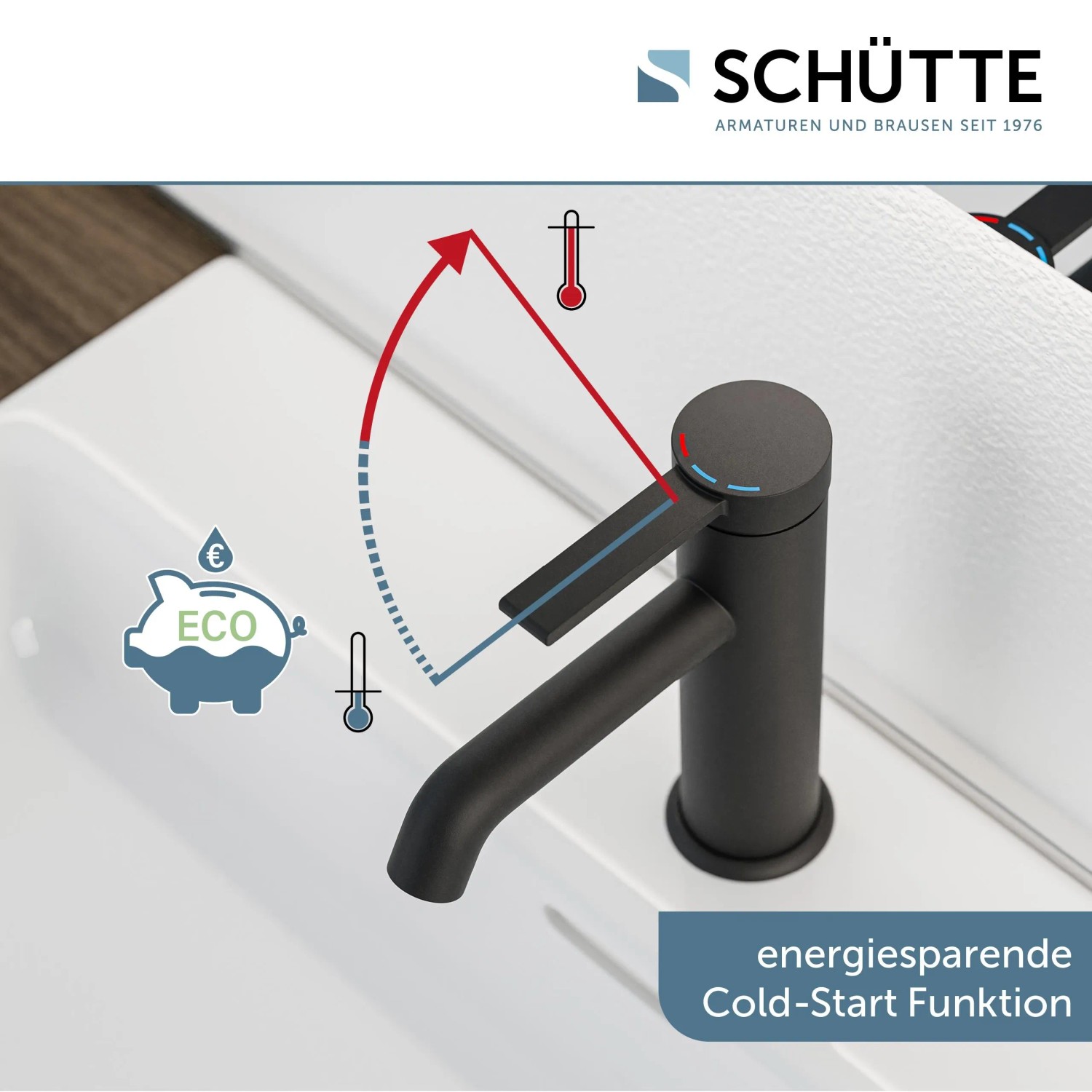 Schütte Waschtischarmatur Los Angeles, Schwarz Matt, mit Cold-Start Funktion und Hinweisen zur Temperatur.