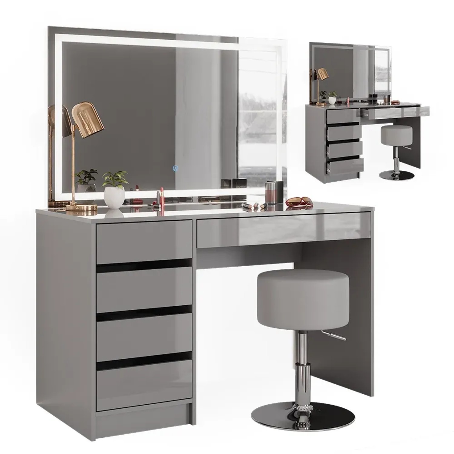 Vicco Schminktisch Sherry Grau 120 cm mit LED-Spiegel und Hocker.